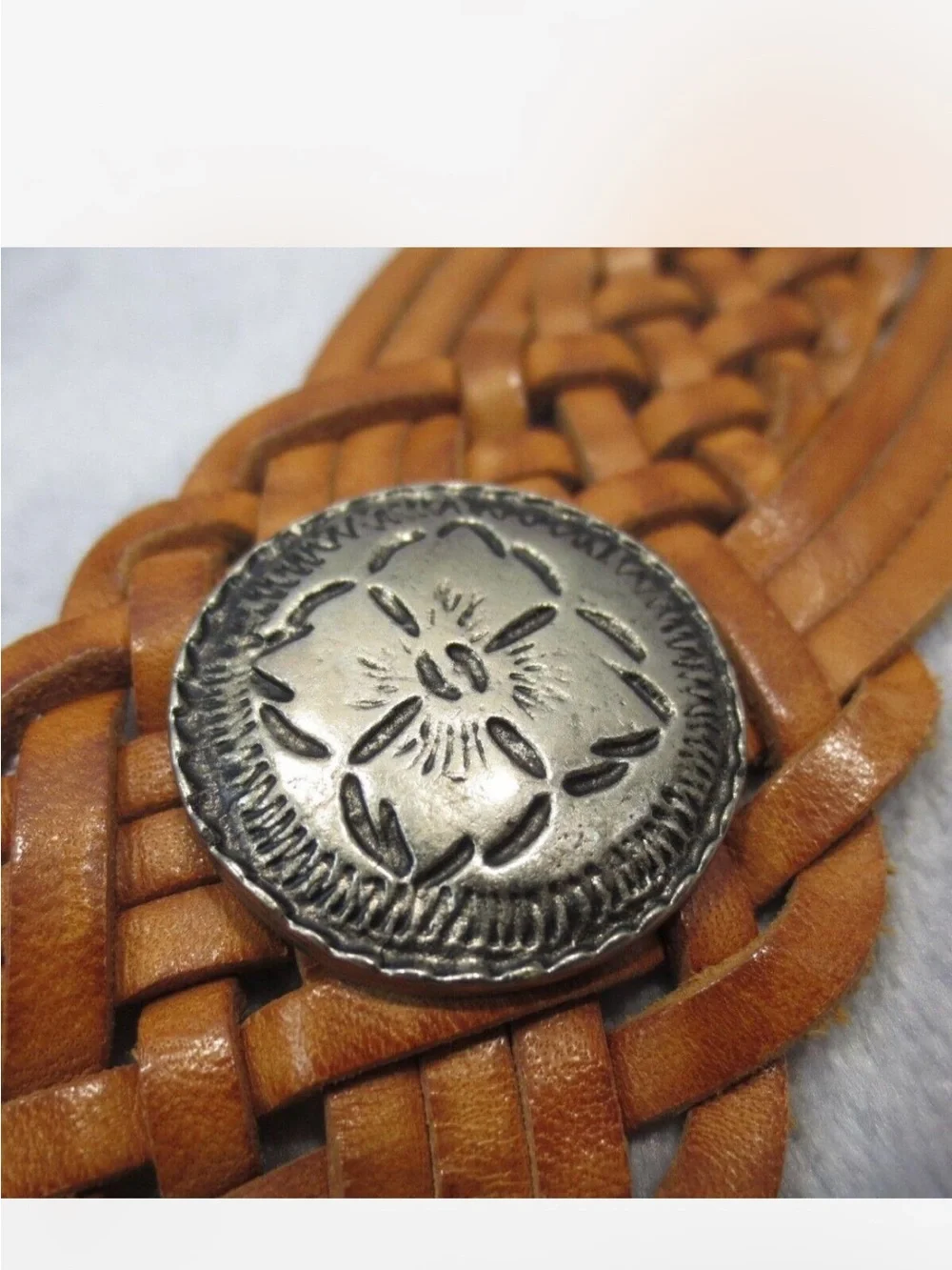 Vintage Tan Braided Leather Belt with Round Buckle